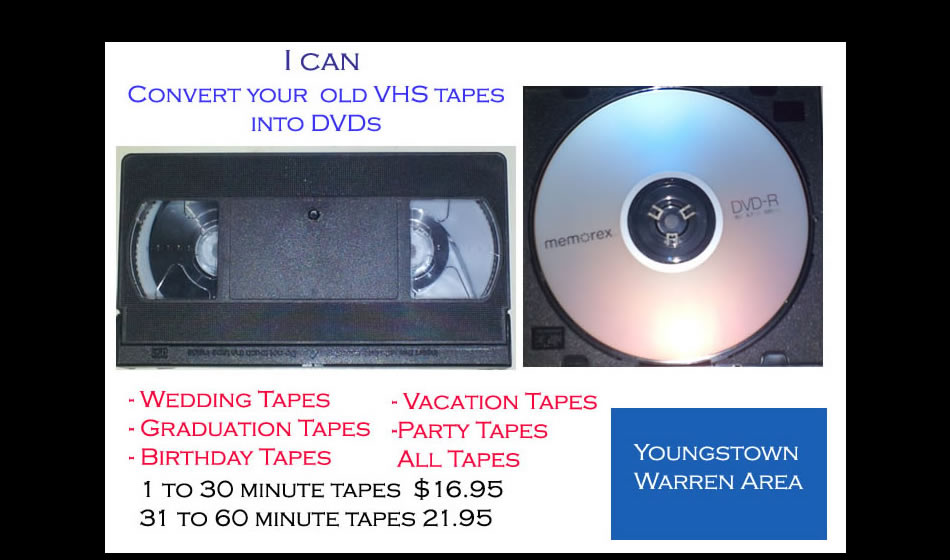 Picture showing vhs to DVD conversion services.