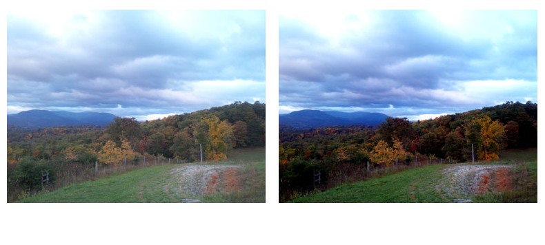 Picture showing the before and after of a scenic enhanced photograph .