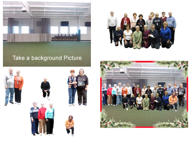 Picture showing how I can take a bockground picture and several group picture and combine them as one.
